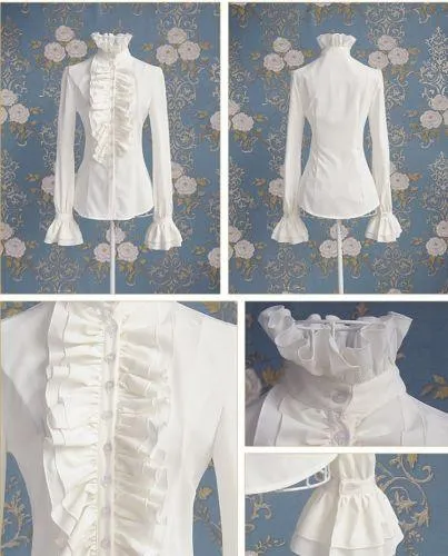 Victorian High Neck Flounce Blouse - Frilly Ruffle Cuffs and Elegant Design