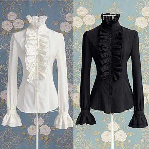 Victorian High Neck Flounce Blouse - Frilly Ruffle Cuffs and Elegant Design