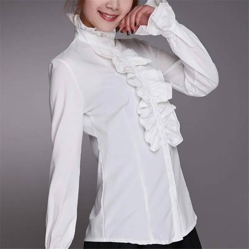 Victorian Office Ladies White Shirt High Neck Frilly Ruffle Cuffs