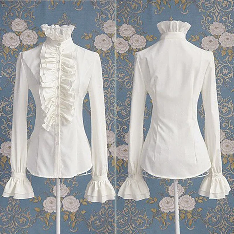 Victorian Office Ladies White Shirt High Neck Frilly Ruffle Cuffs