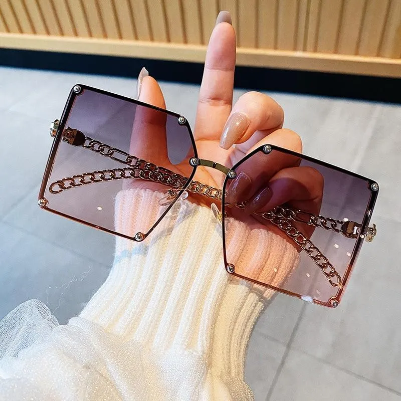 Vintage Designer Oversized Fashion Chain Frame Ladies Square Sunglasses