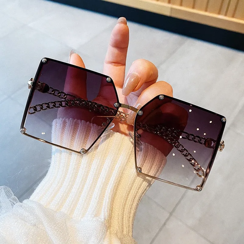 Vintage Designer Oversized Fashion Chain Frame Ladies Square Sunglasses