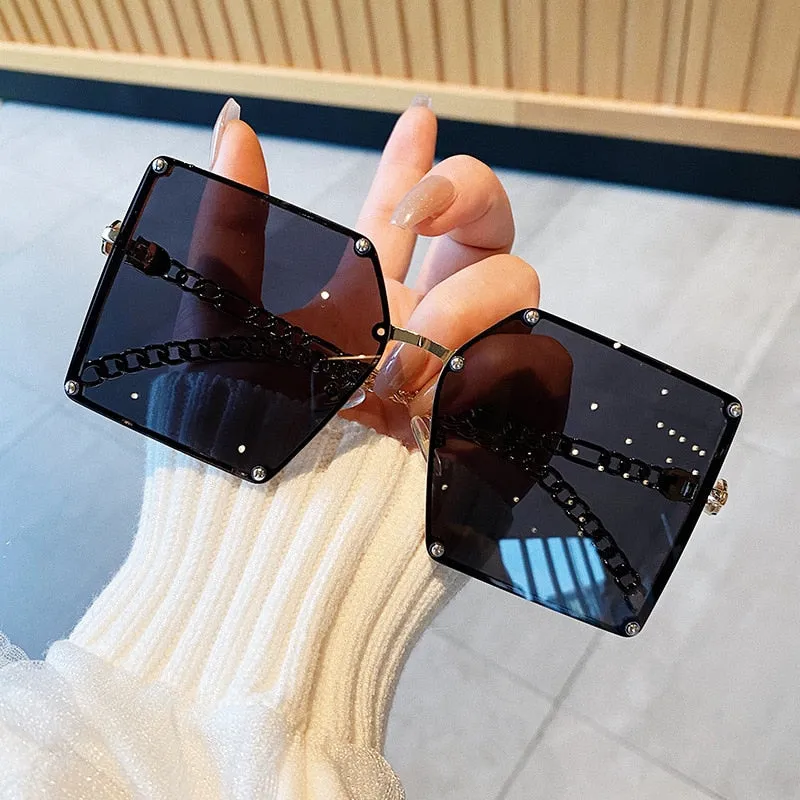 Vintage Designer Oversized Fashion Chain Frame Ladies Square Sunglasses