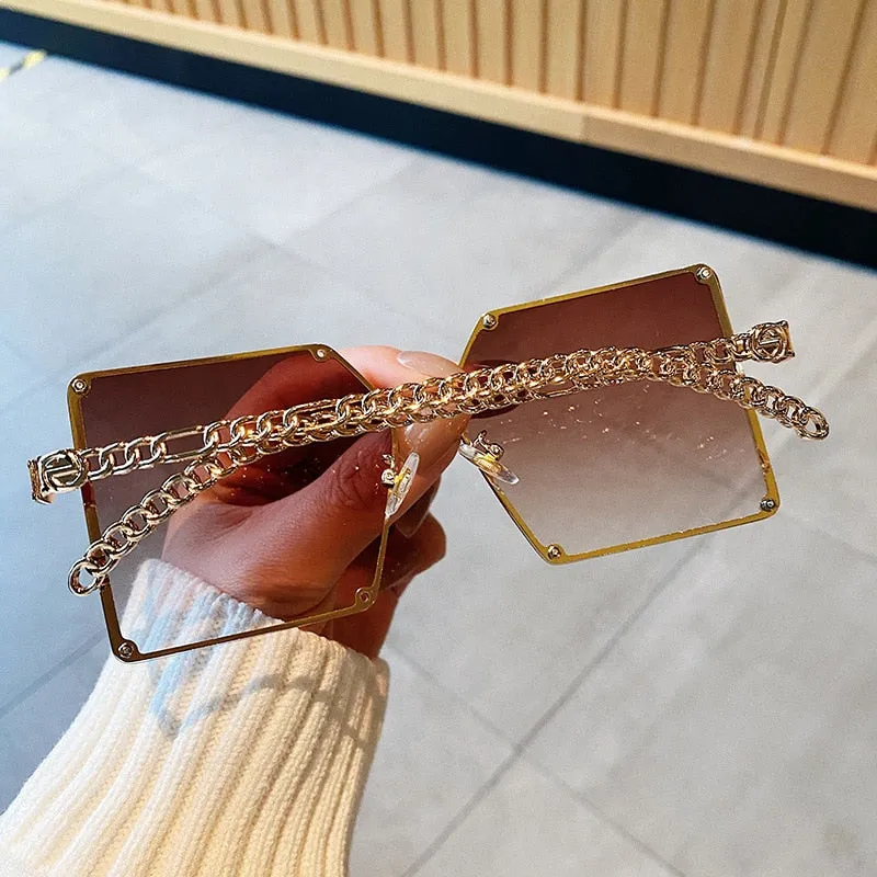 Vintage Designer Oversized Fashion Chain Frame Ladies Square Sunglasses