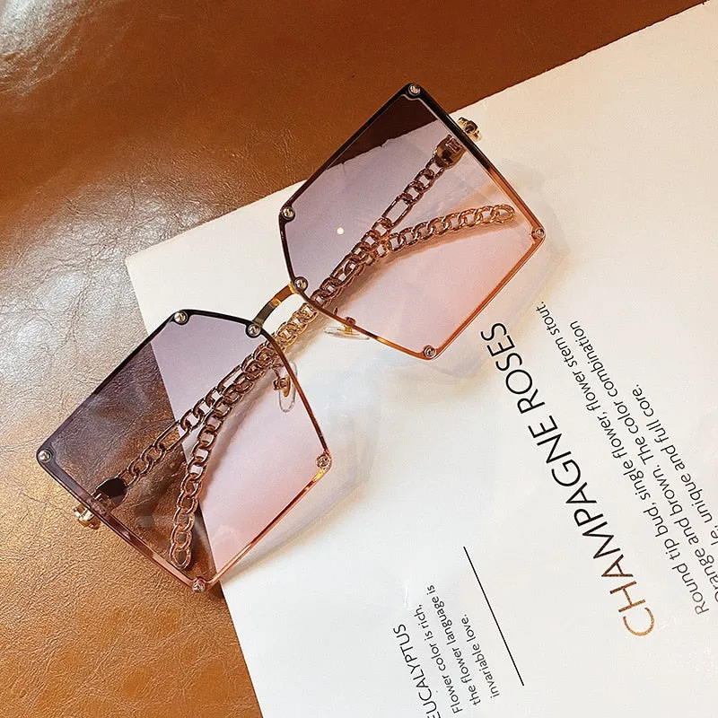 Vintage Designer Oversized Fashion Chain Frame Ladies Square Sunglasses