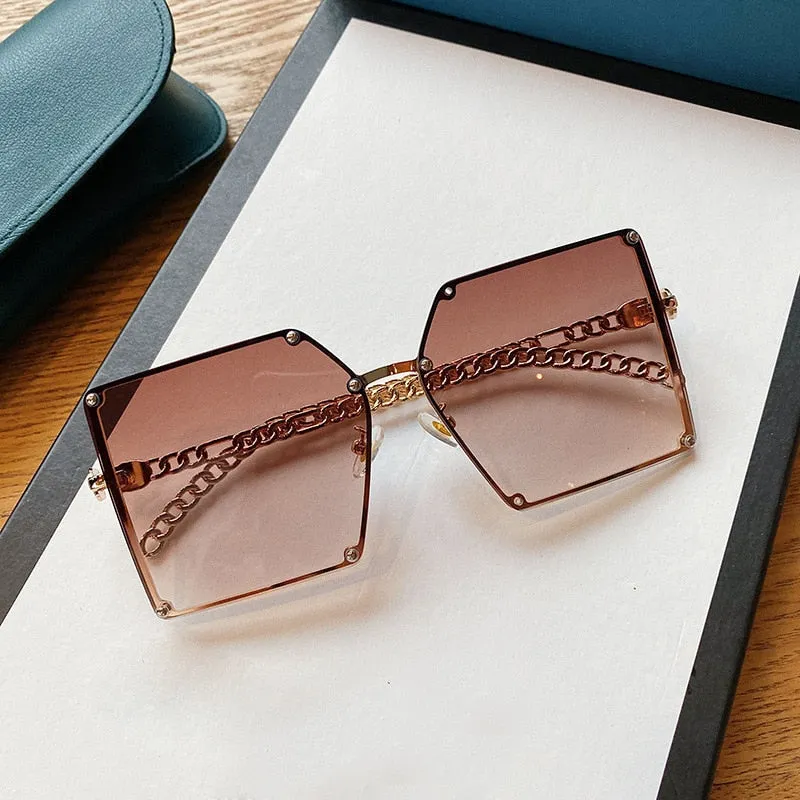 Vintage Designer Oversized Fashion Chain Frame Ladies Square Sunglasses