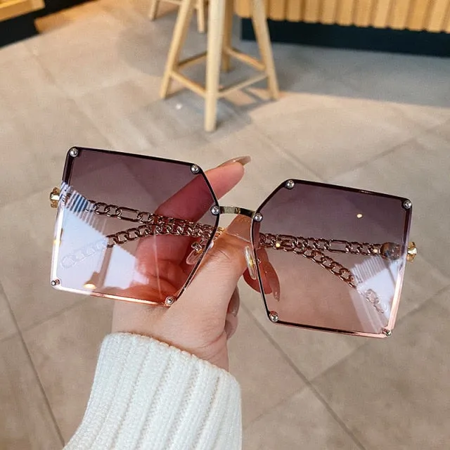 Vintage Designer Oversized Fashion Chain Frame Ladies Square Sunglasses