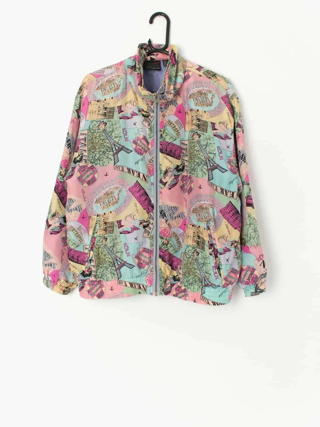 Vintage silk bomber jacket in pastel pink with European adventure city print – Medium / Large