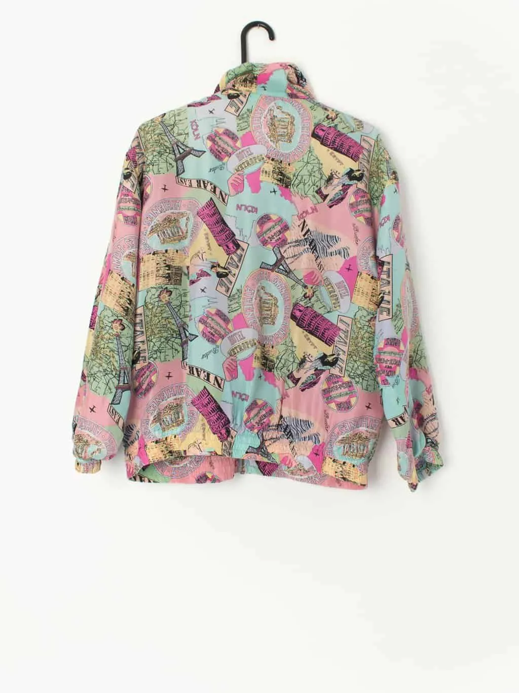 Vintage silk bomber jacket in pastel pink with European adventure city print – Medium / Large