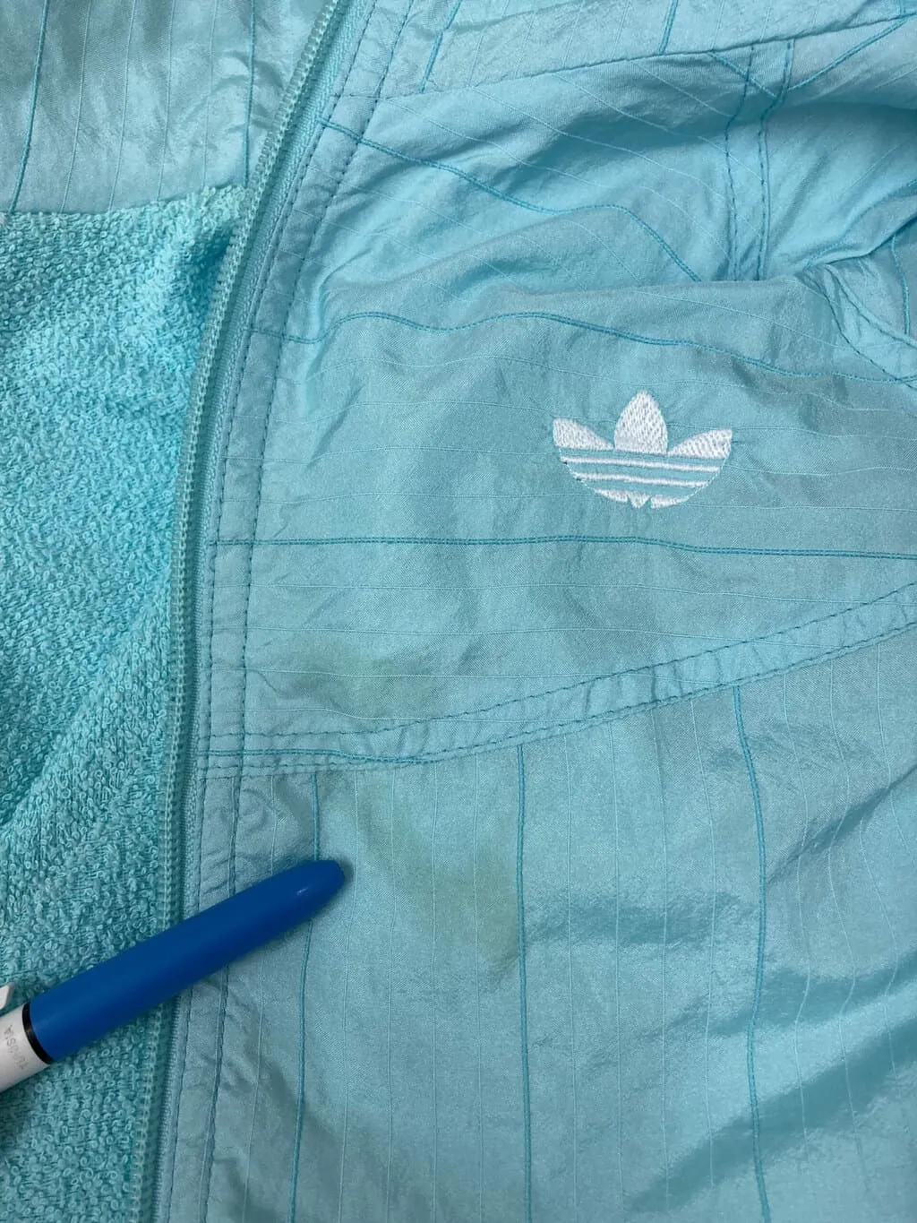 Vintage womens Adidas shell jacket 90s spearmint blue green striped with towelling lining – Large