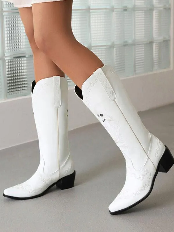 White Cowboy Boots Pointed Toe Puppy Heel Mid Calf Boots For Women