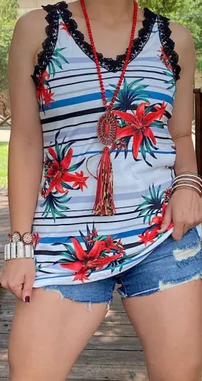 White Striped Floral Tank with black lace trim