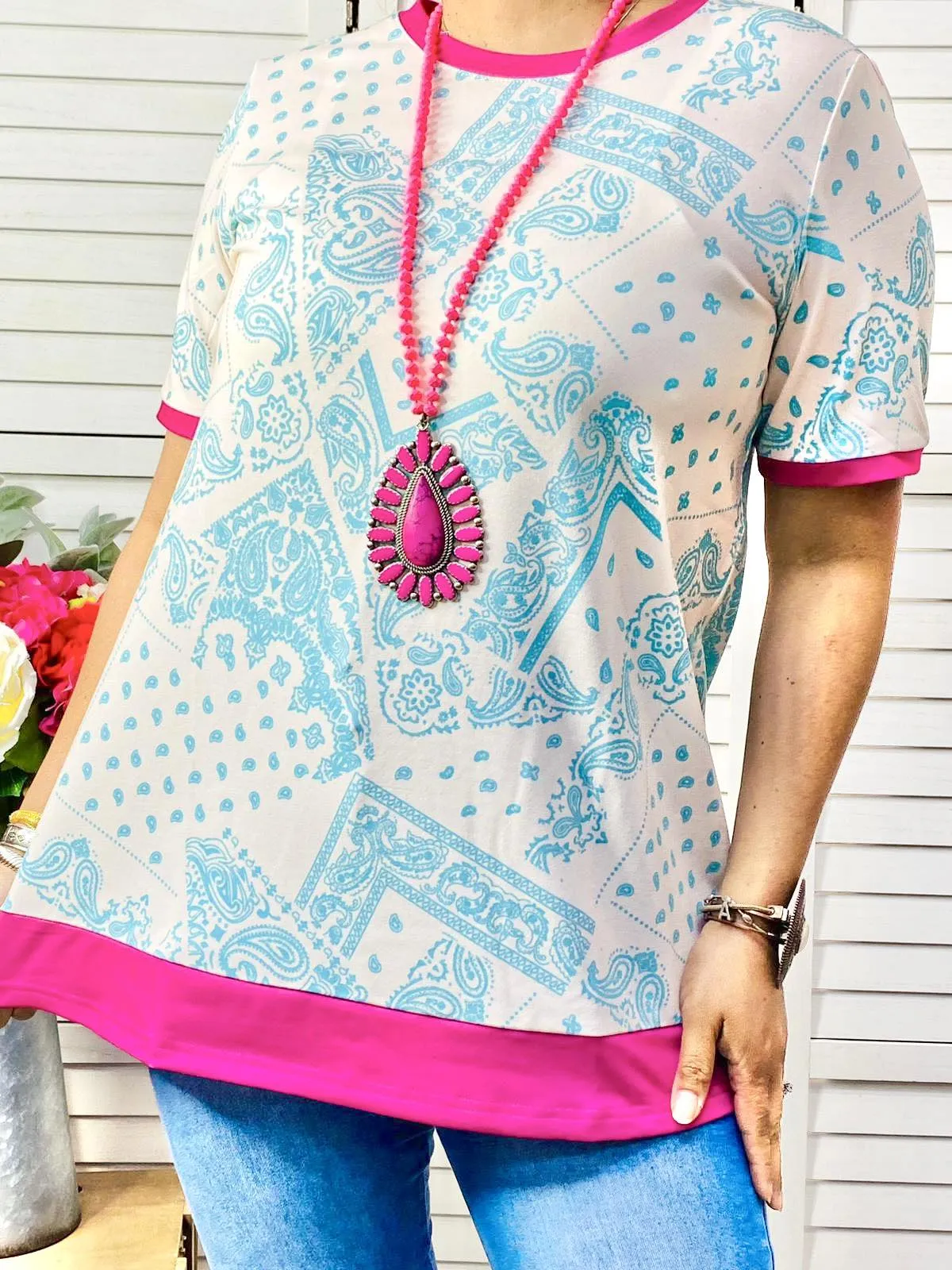 White Turquoise bandana top with pink trim