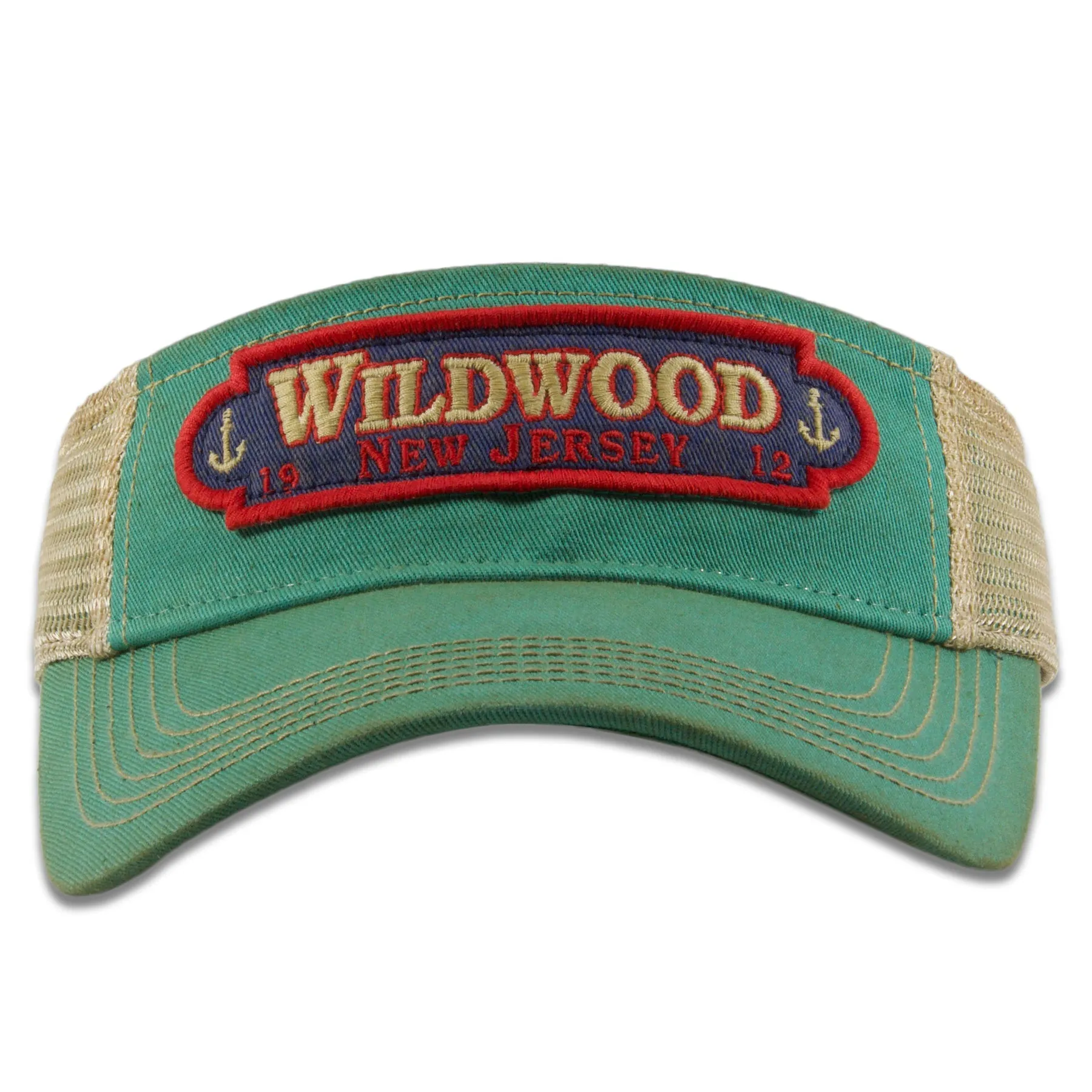 Wildwood New Jersey 1912 Double Anchors Patch Vacation Resort Teal / Khaki Mesh Visor