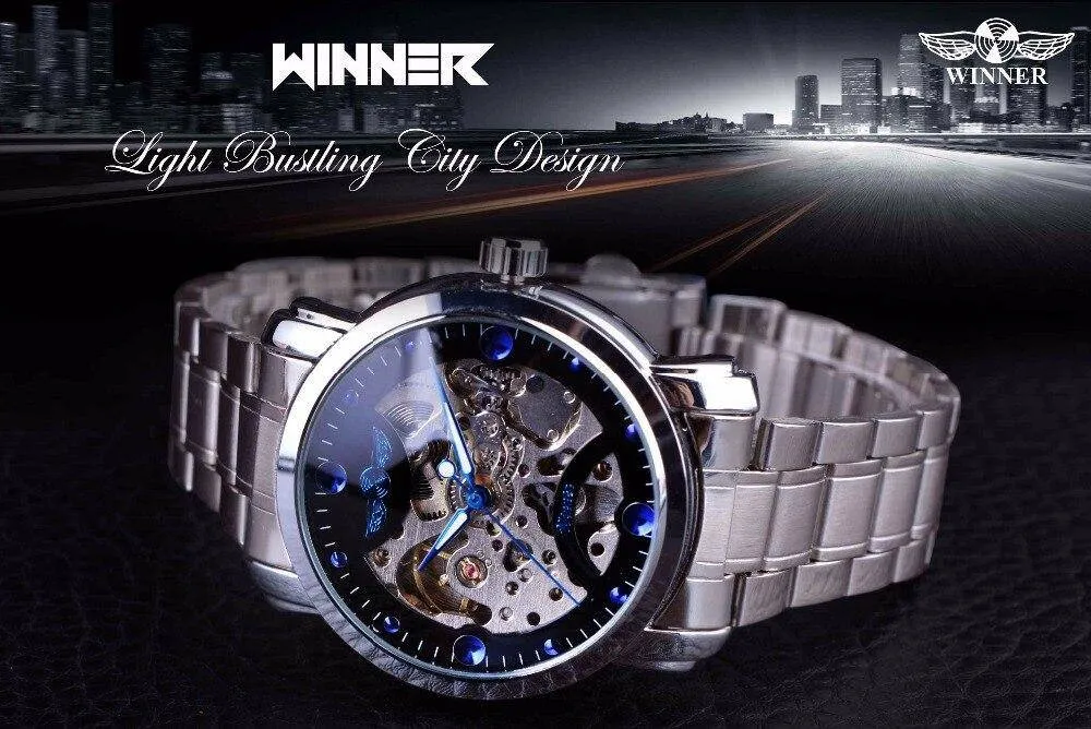 Winner Blue Ocean Fashion Casual Designer Stainless Steel Men Skeleton Watch Automatic