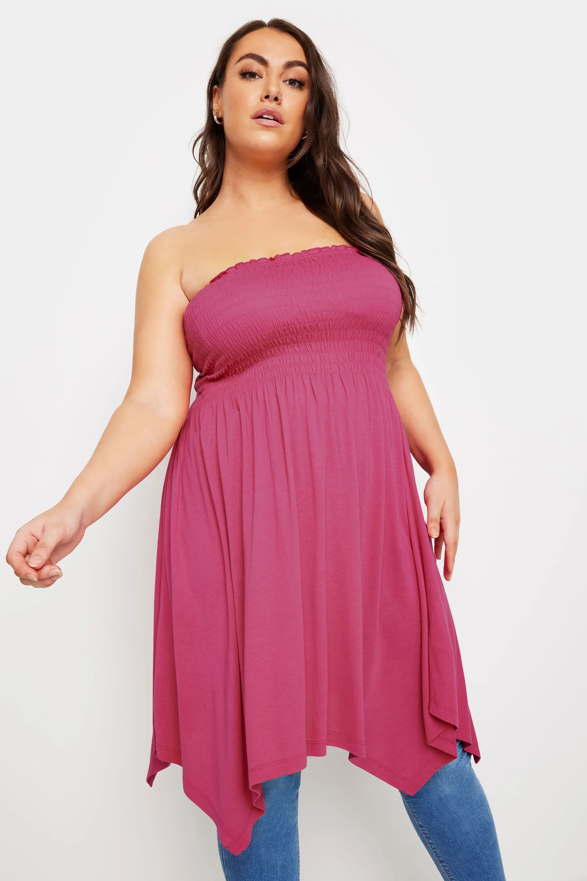 YOURS Curve Pink Shirred Bandeau Longline Top