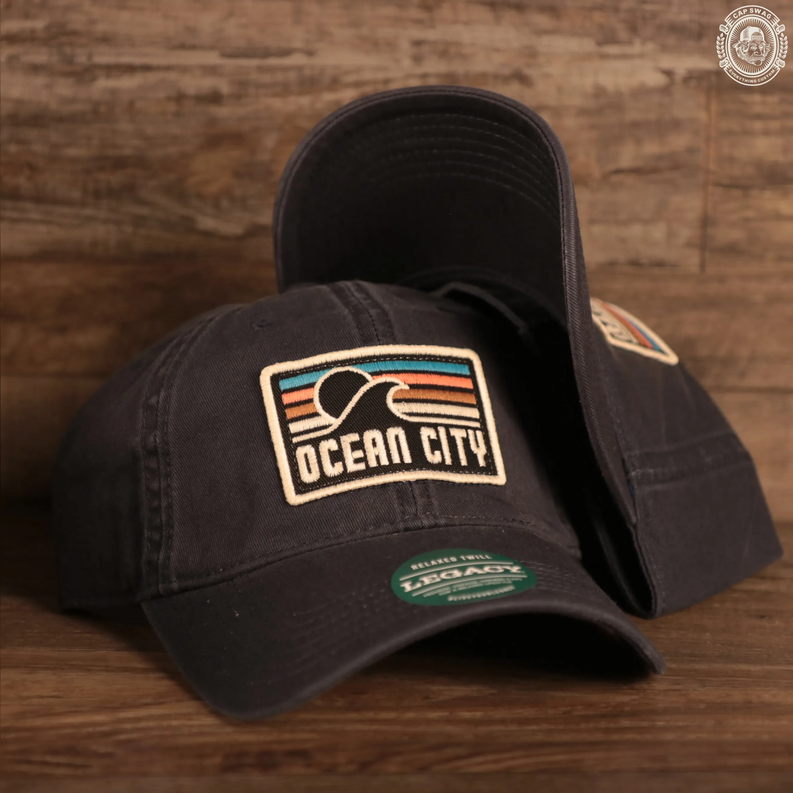 YOUTH SIZED LEAGUE LEGACY | TRUCKER HAT| OCEAN CITY NEW JERSEY | RECTANGULAR WAVE PATCH  | NAVY BLUE